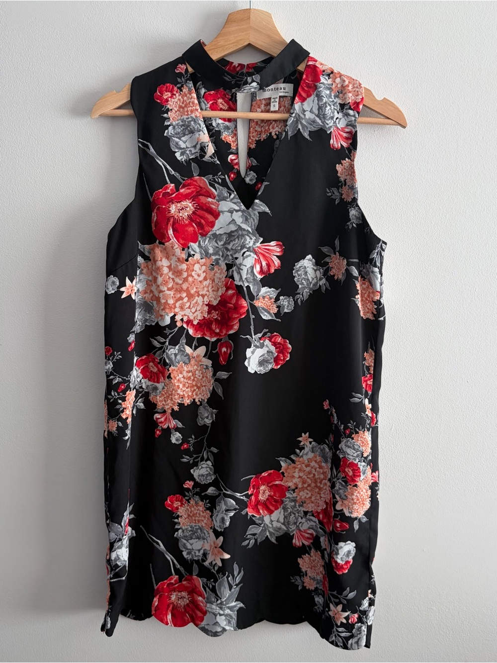 Monteau Black Floral Mini Dress with Red & Peach Print